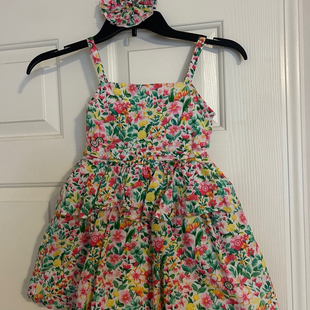 Janie and Jack Floral Tiered Sundress in Pink, Green & Yellow with hair bow